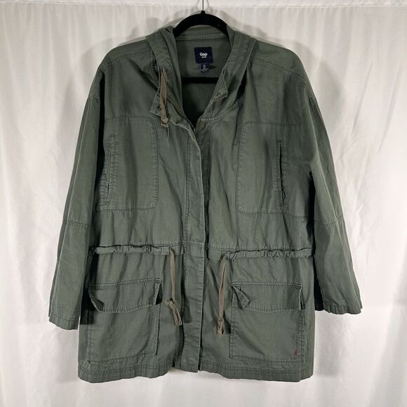 Gap Jacket Women's Large Green Full Zip Hooded Full Zip Pockets 100% Cotton - Picture 1 of 7